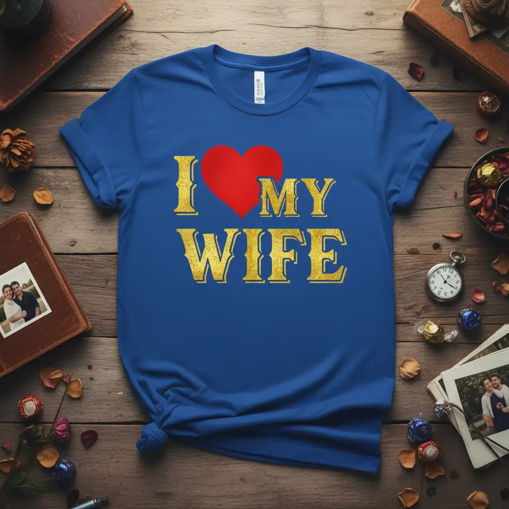 I Love My Wife text design with a red heart and gold distressed lettering, celebrating marital love