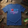I Love My Woman text with a red geometric heart graphic on a blue t-shirt