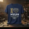 I Love Myles t-shirt with a steampunk heart made of gears and pistons, and a motorcycle engine graphic below the