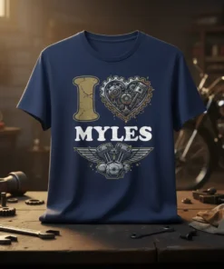 I Love Myles t-shirt with a steampunk heart made of gears and pistons, and a motorcycle engine graphic below the