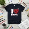 Navy t-shirt with "I Love Naomi" text and a red heart graphic, featuring white geometric lines