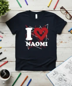 Navy t-shirt with "I Love Naomi" text and a red heart graphic, featuring white geometric lines