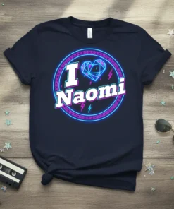 I Love Naomi text with geometric heart graphic on navy t-shirt, neon border, retro style