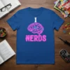 I Love Nerds T-Shirt with a glowing pink brain graphic filled with binary code and circuit board elements