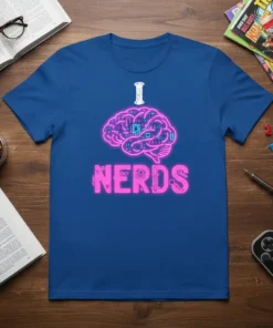 I Love Nerds T-Shirt with a glowing pink brain graphic filled with binary code and circuit board elements