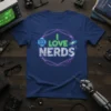I Love Nerds t-shirt design featuring neon green text and circuit board graphics on a navy blue shirt