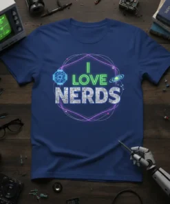 I Love Nerds t-shirt design featuring neon green text and circuit board graphics on a navy blue shirt