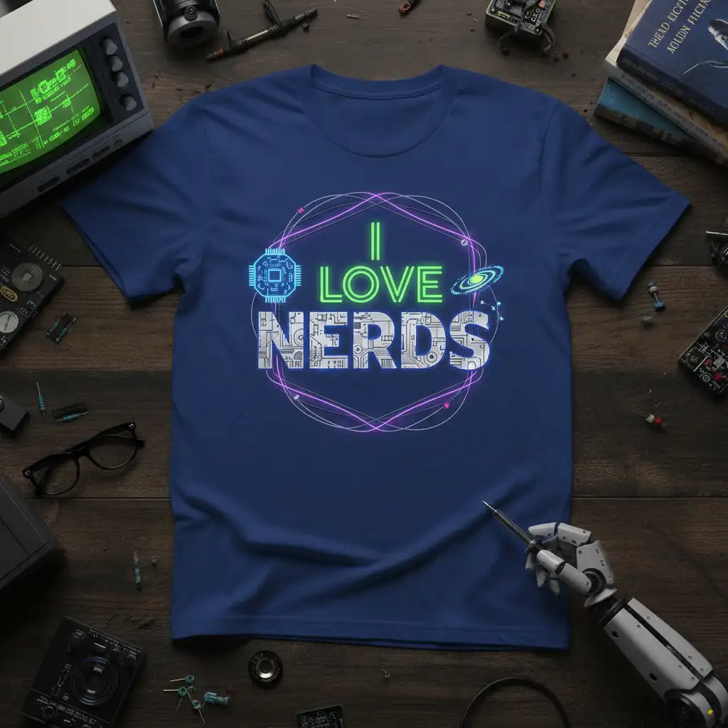I Love Nerds graphic tee with neon green text and tech-inspired circuit board elements, perfect for science enthusiasts