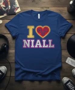 Blue t-shirt with yellow "I" and red gear heart, spelling "I Love Niall" in distressed pink and white letters