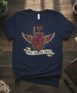 I Love Nice Jewish Boys t-shirt with a red winged anatomical heart and banner graphic