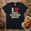 T-shirt with "I Love Nice Jewish Boys" text and a red cracked heart graphic, beige border around text