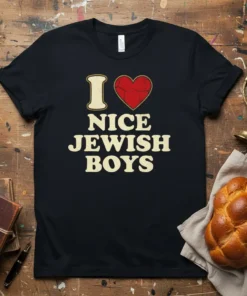 T-shirt with "I Love Nice Jewish Boys" text and a red cracked heart graphic, beige border around text