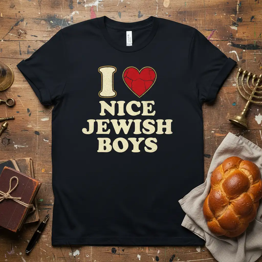I Love Nice Jewish Boys t-shirt design with cracked heart symbol and distressed typography