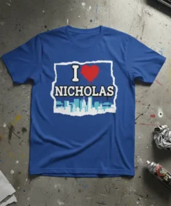 I Love Nicholas T-Shirt featuring a red heart and a blue city skyline graphic