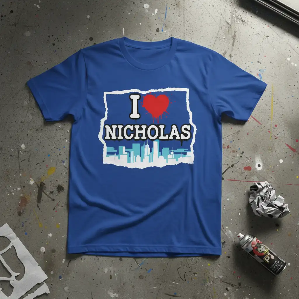 I Love Nicholas T-Shirt with a red heart and a blue city skyline graphic, perfect for hometown pride