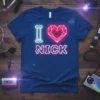 I Love Nick neon heart t-shirt with pillar and pixelated text, royal blue shirt