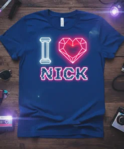 I Love Nick neon heart t-shirt with pillar and pixelated text, royal blue shirt
