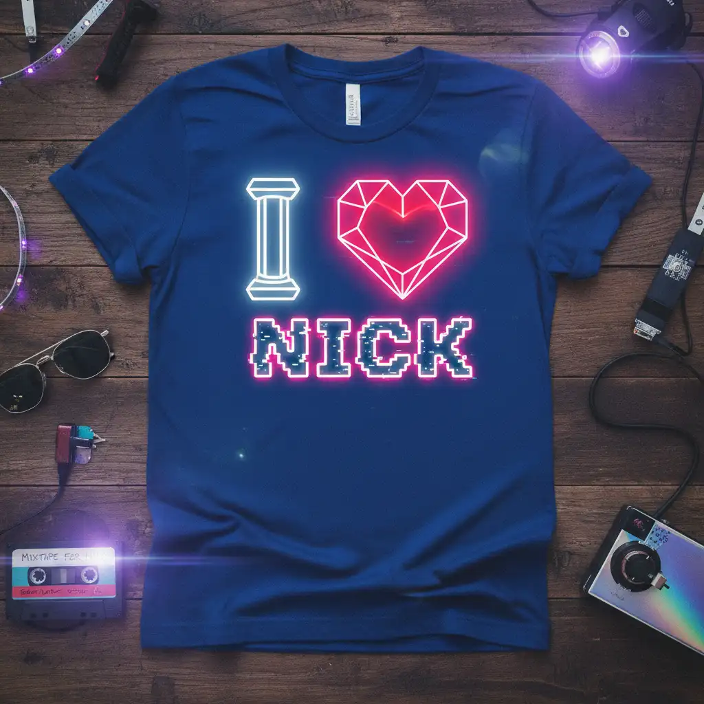 I Love Nick neon text and heart graphic on a royal blue t-shirt