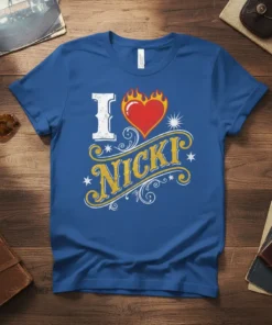 I Love Nicki T-Shirt with flaming heart graphic and distressed typography