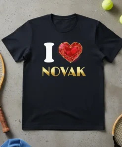 I Love Novak t-shirt with a red gem heart graphic and gold lettering, designed for tennis fans