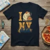 I Love NY Pizza Rat T-Shirt design with a rat eating pizza and NYC skyline graphic