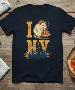I Love NY Pizza Rat T-Shirt design with a rat eating pizza and NYC skyline graphic