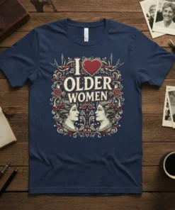 Navy blue t-shirt with "I Love Older Women" text, a red heart, and vintage illustrations of women and swallows