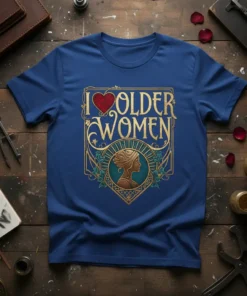 I Love Older Women T-Shirt with a red heart and vintage woman profile design