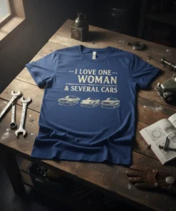 T-shirt with text "I Love One Woman & Several Cars" and graphics of three vintage cars
