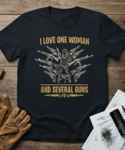 T-shirt design with text "I Love One Woman and Several Guns" surrounding a woman holding firearms
