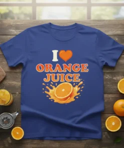I Love Orange Juice t-shirt design with a heart icon and a splashing orange graphic