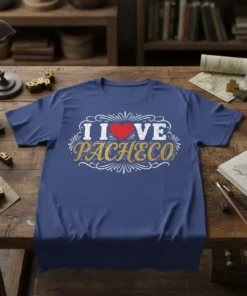 I Love Pacheco T-Shirt with a red heart and decorative border, navy blue tee design