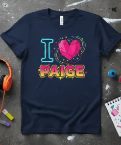 I Love Paige T-Shirt with geometric heart graphic and vibrant text