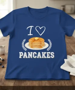 I Love Pancakes T-Shirt design featuring a stack of buttered pancakes with syrup and laurel leaves