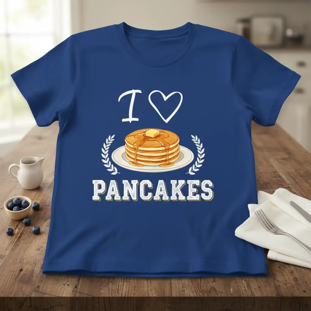 I Love Pancakes graphic tee with a stack of syrup-covered pancakes and laurel accents