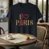 I Love Paris Eiffel Tower graphic t-shirt with neon pink Eiffel Tower and heart symbol