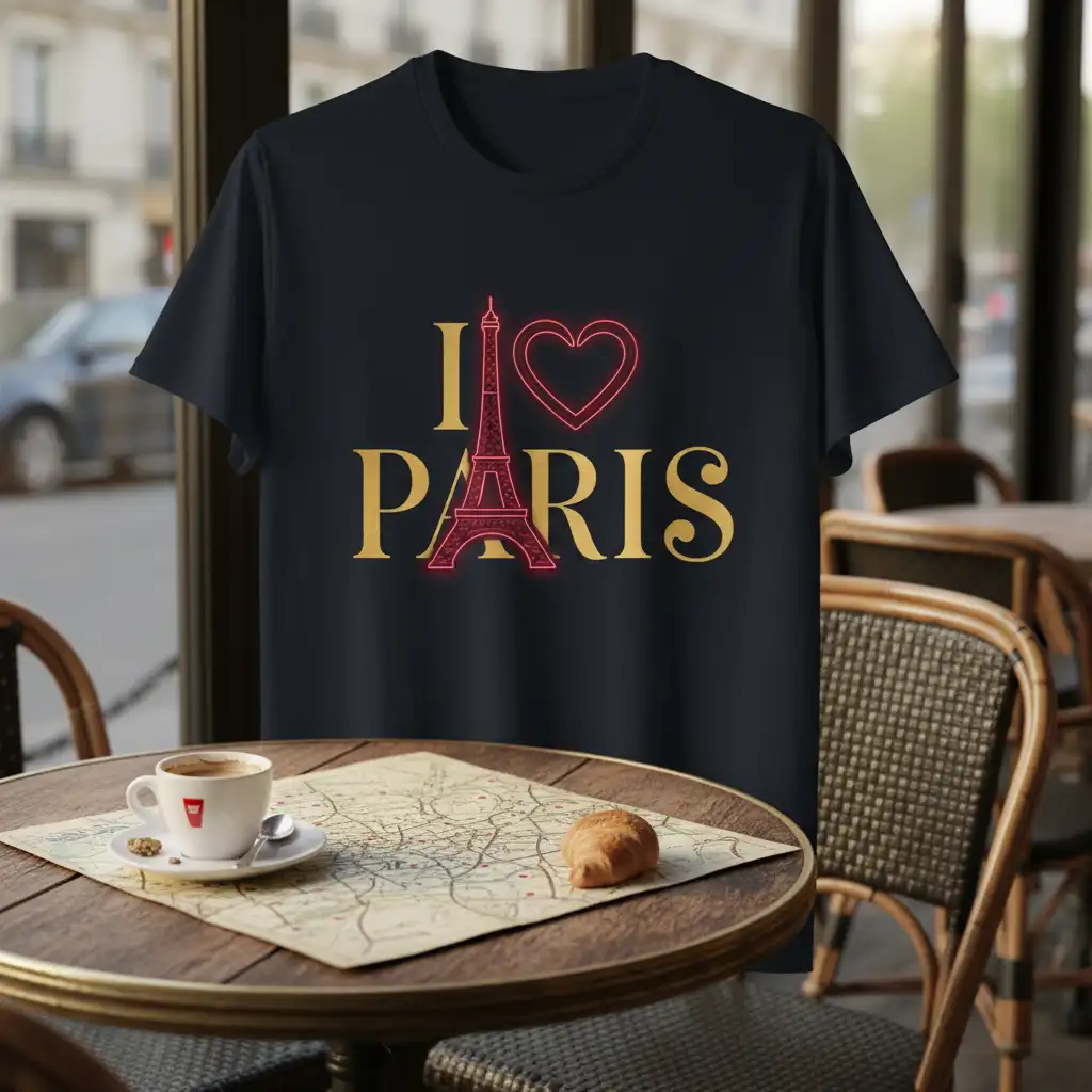 I Love Paris Eiffel Tower neon graphic t-shirt design with gold text