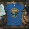 I Love Peering Outside t-shirt design with mountain landscape, sun, and trees in a circular vintage style