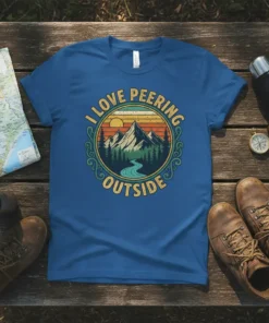 I Love Peering Outside t-shirt design with mountain landscape, sun, and trees in a circular vintage style
