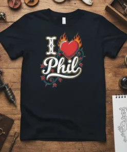 Black t-shirt with "I Love Phil" text in vintage script, a flaming heart, and rose graphics