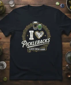 I love Picklebacks Classic Brew & Brine t-shirt design with two shot glasses and ornate border