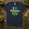 I Love Pickles T-Shirt featuring a green heart and pickle graphics, perfect for pickle lovers and foodies