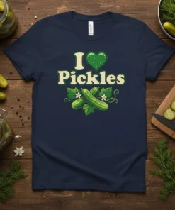 I Love Pickles T-Shirt featuring a green heart and pickle graphics, perfect for pickle lovers and foodies