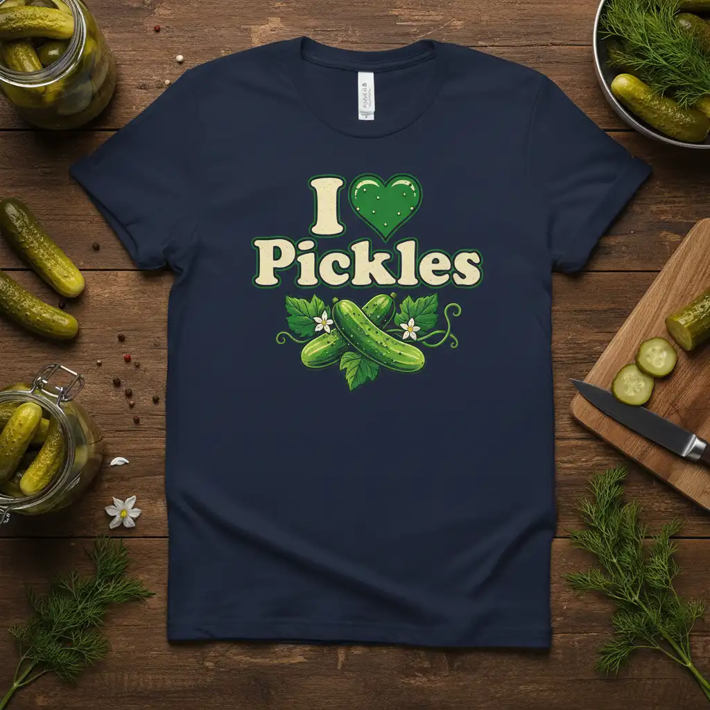 I Love Pickles quote with a green heart and pickle illustration on a navy t-shirt design