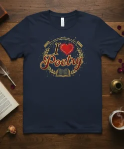 Navy t-shirt with "I Love Poetry" text in red and gold, featuring a heart and an open book graphic