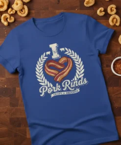 I Love Pork Rinds Crispy Delicious t-shirt design with heart-shaped bacon and laurel wreath graphic