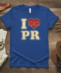 Blue t-shirt with "I Love PR" design, featuring a red heart with a castle graphic and distressed yellow lettering