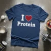 Blue t-shirt with white text "I Love Protein" and a red heart graphic, featuring fitness accessories around it