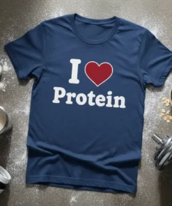 Blue t-shirt with white text "I Love Protein" and a red heart graphic, featuring fitness accessories around it