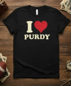 I Love Purdy T-Shirt with a distressed red heart and cream text on a black tee